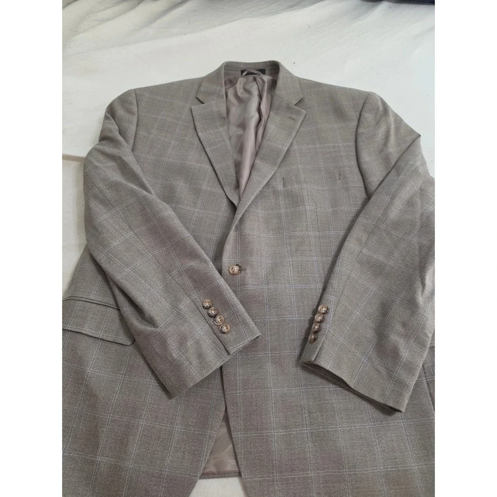Lauren Ralph Lauren Silk Wool Blazer 48R Tan Glen Plaid Blue Windowpane Jacket
